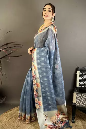 navy blue premium cotton blend printed saree with unstitched blouse piece.