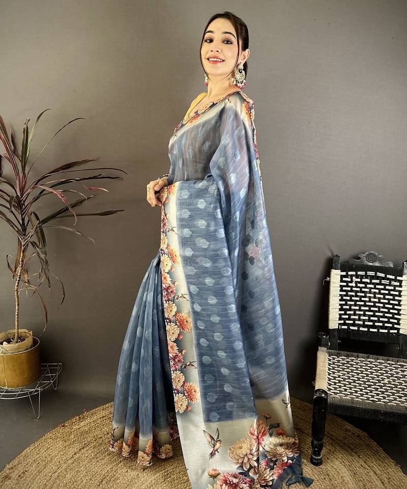 navy blue premium cotton blend printed saree with unstitched blouse piece.