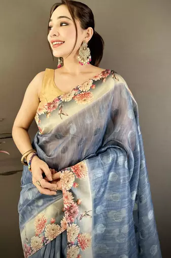 navy blue premium cotton blend printed saree with unstitched blouse piece.
