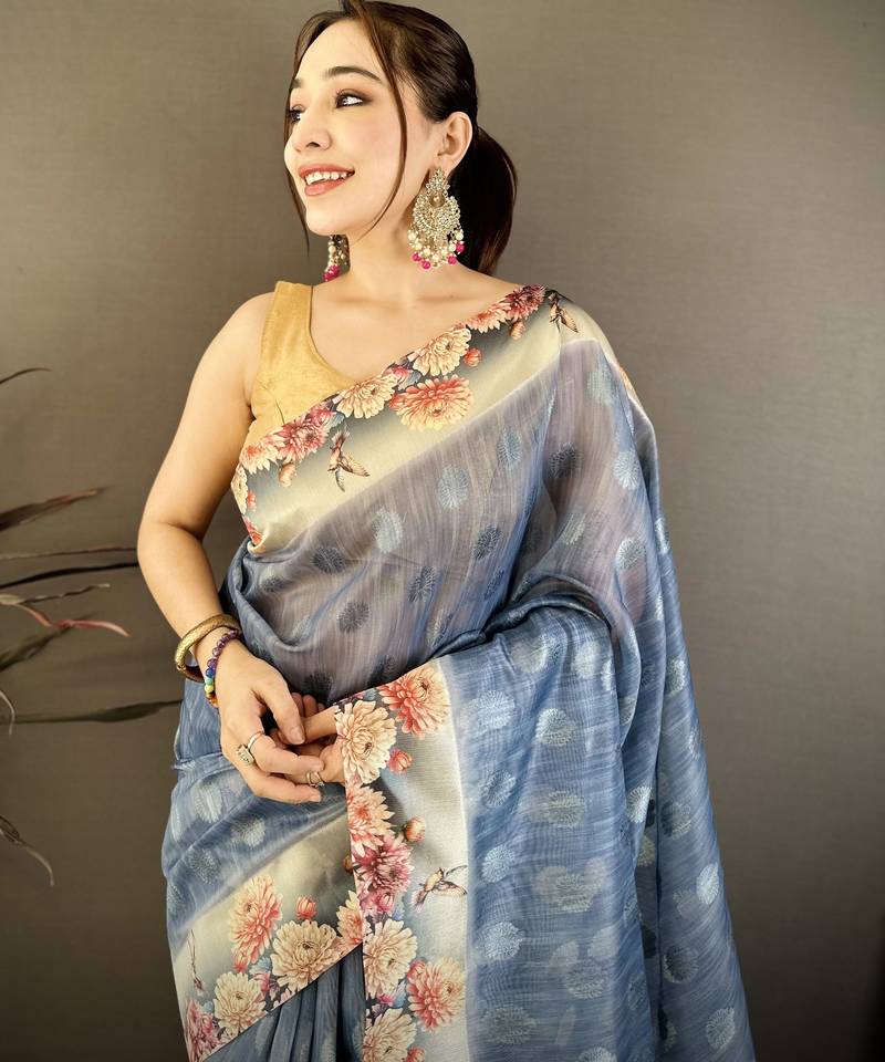 navy blue premium cotton blend printed saree with unstitched blouse piece.
