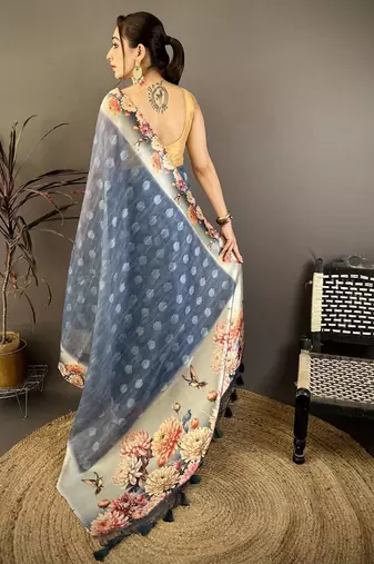 navy blue premium cotton blend printed saree with unstitched blouse piece.