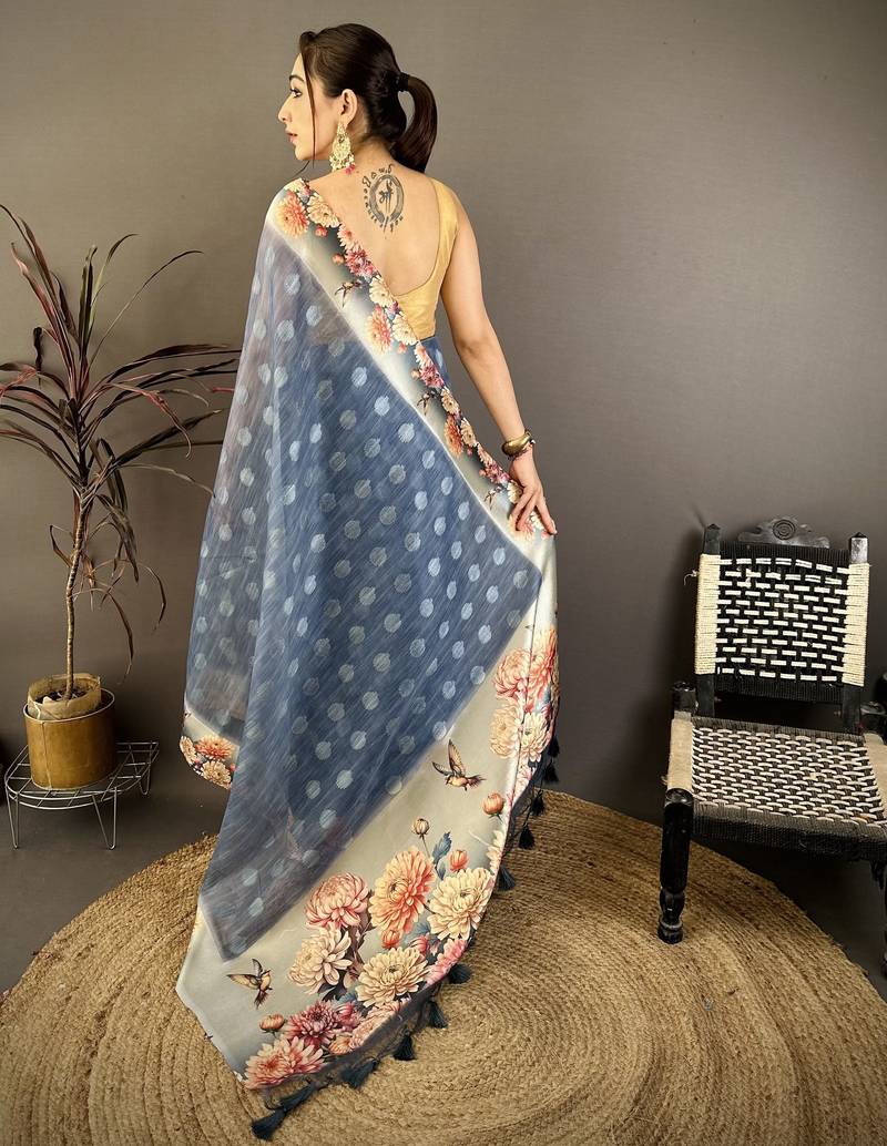 navy blue premium cotton blend printed saree with unstitched blouse piece.