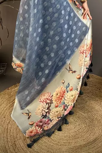 navy blue premium cotton blend printed saree with unstitched blouse piece.
