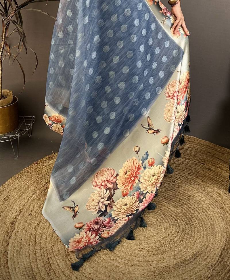 navy blue premium cotton blend printed saree with unstitched blouse piece.