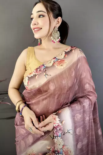 onion premium cotton blend printed saree with unstitched blouse piece.