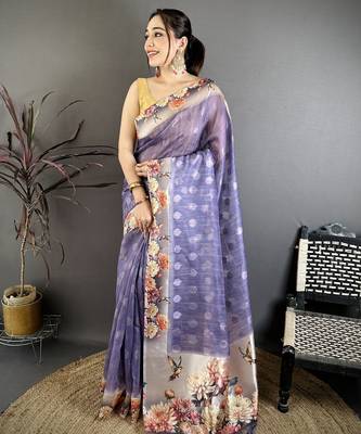 purple premium cotton blend printed saree with unstitched blouse piece. 1