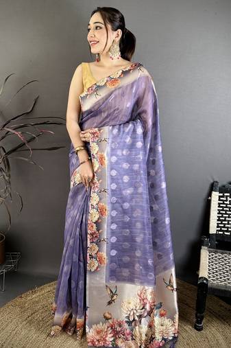 purple premium cotton blend printed saree with unstitched blouse piece.