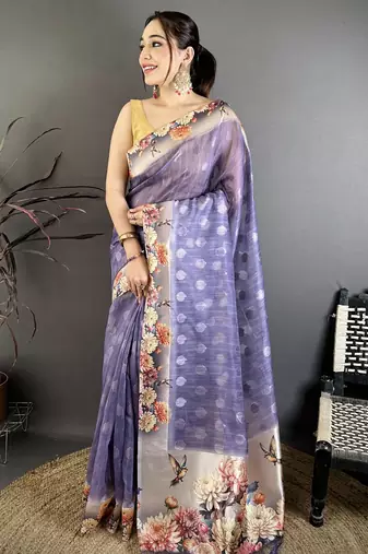 purple premium cotton blend printed saree with unstitched blouse piece.