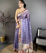 purple premium cotton blend printed saree with unstitched blouse piece.