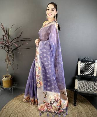purple premium cotton blend printed saree with unstitched blouse piece. 2