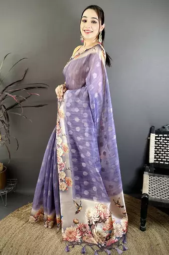 purple premium cotton blend printed saree with unstitched blouse piece.