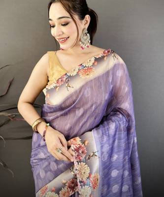 purple premium cotton blend printed saree with unstitched blouse piece. 3