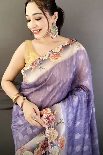 purple premium cotton blend printed saree with unstitched blouse piece.