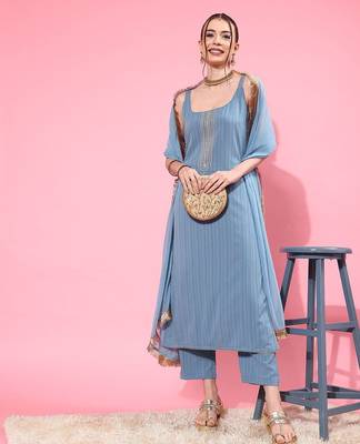 Blue Sleeveless Kurta with Trouser and Dupatta 1