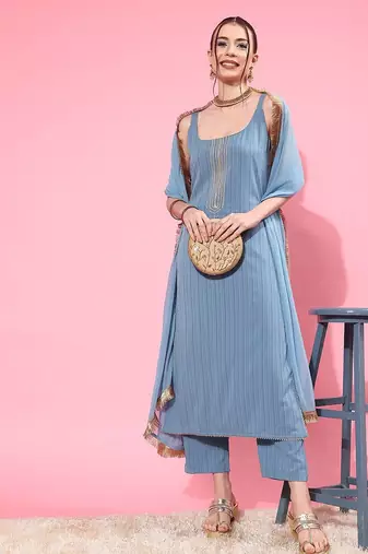 Blue Sleeveless Kurta with Trouser and Dupatta