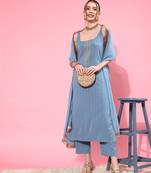 Blue Sleeveless Kurta with Trouser and Dupatta