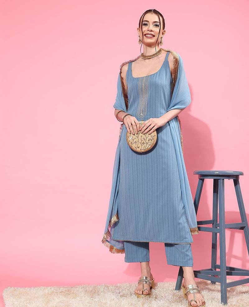 Blue Sleeveless Kurta with Trouser and Dupatta
