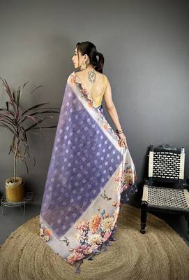 purple premium cotton blend printed saree with unstitched blouse piece. 4