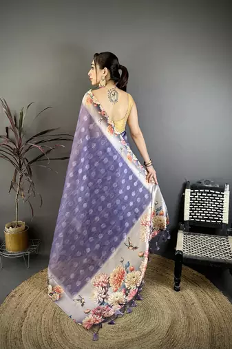 purple premium cotton blend printed saree with unstitched blouse piece.