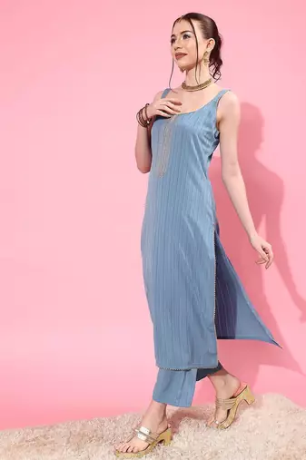 Blue Sleeveless Kurta with Trouser and Dupatta