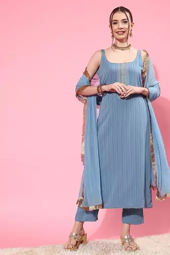 Blue Sleeveless Kurta with Trouser and Dupatta