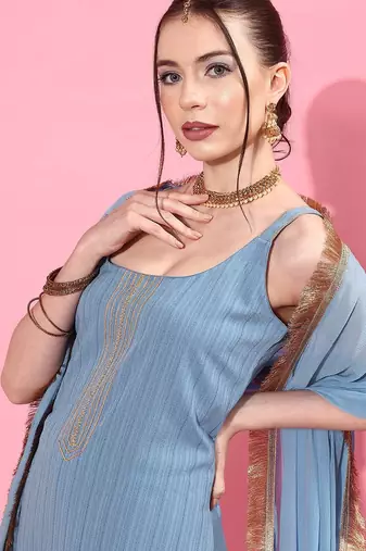 Blue Sleeveless Kurta with Trouser and Dupatta