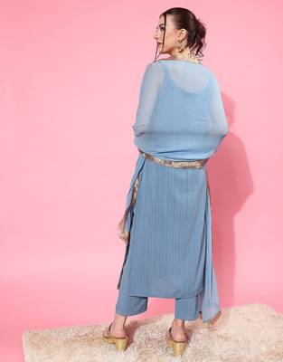 Blue Sleeveless Kurta with Trouser and Dupatta 5