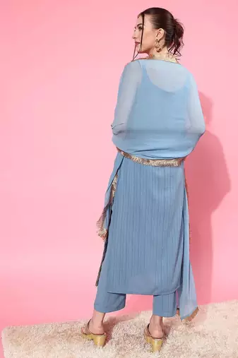 Blue Sleeveless Kurta with Trouser and Dupatta