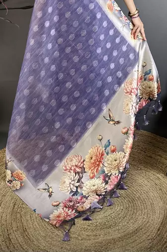 purple premium cotton blend printed saree with unstitched blouse piece.