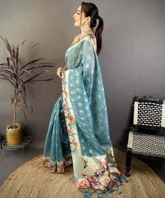 teal premium cotton blend printed saree with unstitched blouse piece. 2