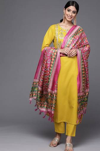 Women Mustard Yoke Embroidered  Cotton Kurta with Trouser & Printed Dupatta