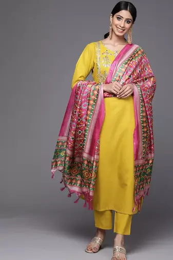 Women Mustard Yoke Embroidered Pure Cotton Kurta with Trouser & Printed Dupatta