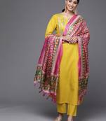 Women Mustard Yoke Embroidered  Cotton Kurta with Trouser & Printed Dupatta