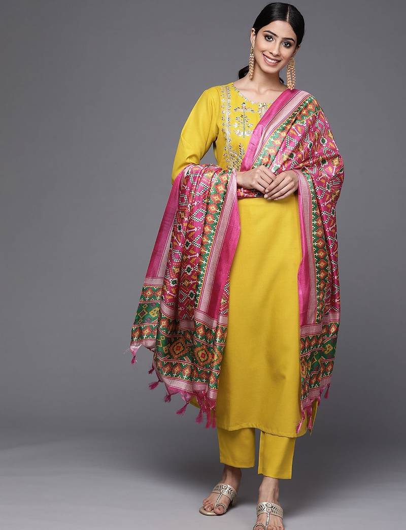 Women Mustard Yoke Embroidered Pure Cotton Kurta with Trouser & Printed Dupatta