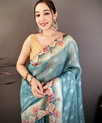 teal premium cotton blend printed saree with unstitched blouse piece. 3