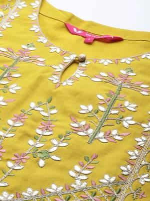 Women Mustard Yoke Embroidered  Cotton Kurta with Trouser & Printed Dupatta 2