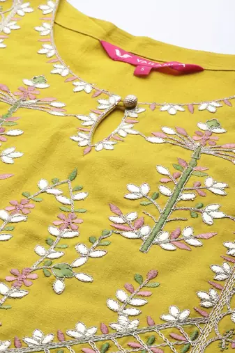 Women Mustard Yoke Embroidered Pure Cotton Kurta with Trouser & Printed Dupatta
