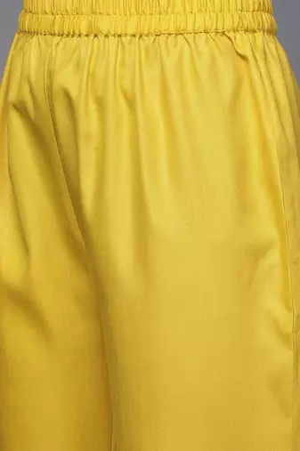Women Mustard Yoke Embroidered Pure Cotton Kurta with Trouser & Printed Dupatta