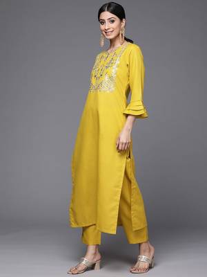 Women Mustard Yoke Embroidered  Cotton Kurta with Trouser & Printed Dupatta 5