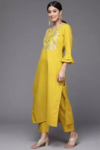 Women Mustard Yoke Embroidered Pure Cotton Kurta with Trouser & Printed Dupatta