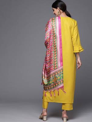 Women Mustard Yoke Embroidered  Cotton Kurta with Trouser & Printed Dupatta 6