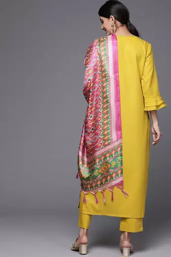 Women Mustard Yoke Embroidered Pure Cotton Kurta with Trouser & Printed Dupatta