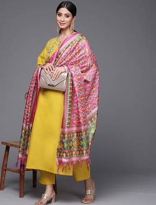 Women Mustard Yoke Embroidered  Cotton Kurta with Trouser & Printed Dupatta 7