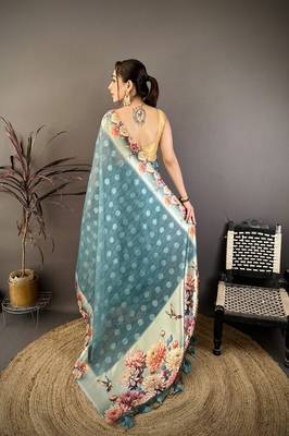 teal premium cotton blend printed saree with unstitched blouse piece. 4