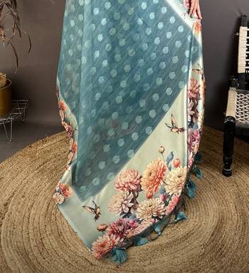 teal premium cotton blend printed saree with unstitched blouse piece. 5
