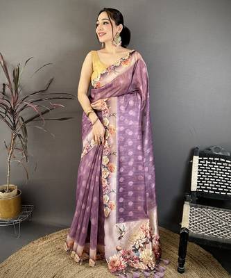 wine premium cotton blend printed saree with unstitched blouse piece. 1