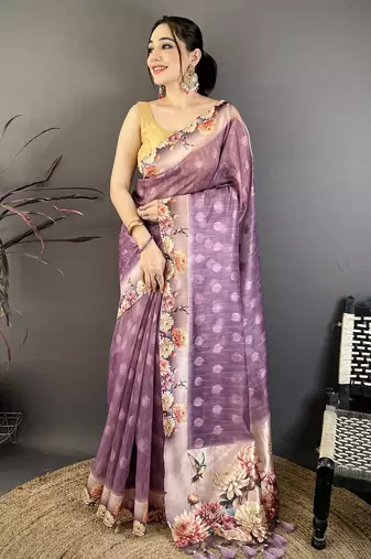 wine premium cotton blend printed saree with unstitched blouse piece.