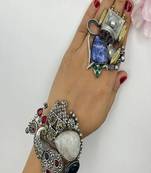 Chunky oxidized silver jewelry set |peacock bracelet & large boho statement ring