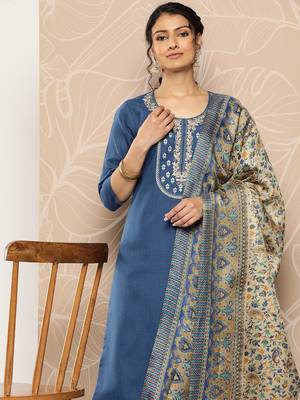 Blue Yoke Embroidered Kurta with Trouser and Dupatta 2