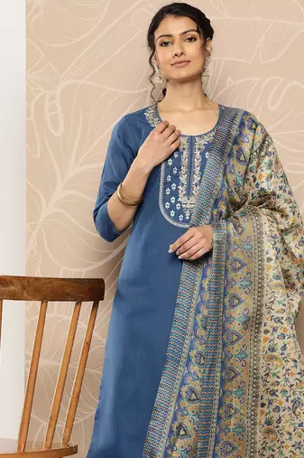 Blue Yoke Embroidered Kurta with Trouser and Dupatta